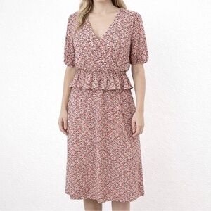 Kaileigh Women’s Size L Floral Faux Wrap Dress Peplum V-Neck Red Pink Stretch